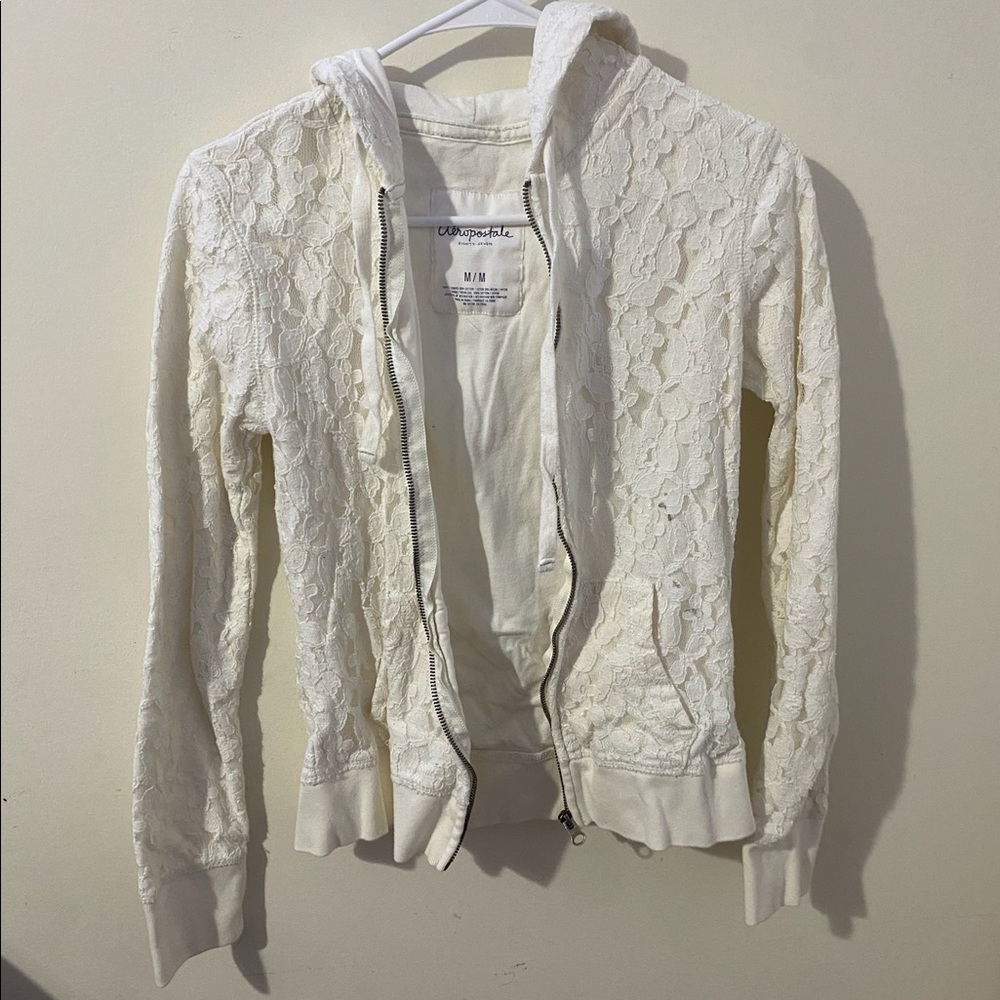 White floral lace zip up hoodie